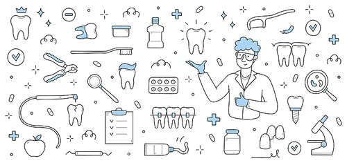 Dentistry medicine doodle set. Stomatology doctor with healthy shining tooth in hand, medical linear equipment icons around. Dental clinic services, teeth and caries treatment vector banner