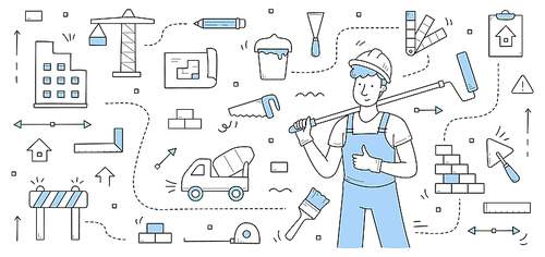 Construction and building doodle concept. Repair service worker in uniform with roller tool. Builder, repairman, renovation employee or foreman character with equipment, Line art vector illustration