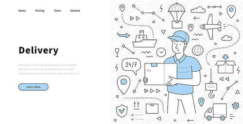 Delivery service doodle landing page. Mailman with parcel in hands and shipping icons around. Express transportation, logistics by airplane, ship, truck commercial company, Linear vector web banner