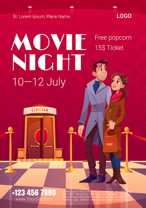 Movie night poster. Cinema festival, night event in movie theater. Vector flyer with cartoon illustration of people in cinema hall with open doors and red rope fence