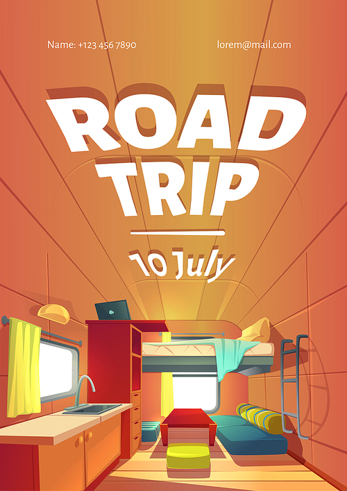 Road trip cartoon ad poster with camping trailer car interior, Rv motor home room with loft bed, couch, kitchen sink and window. advertising banner for motorhome traveling voyage, vector illustration