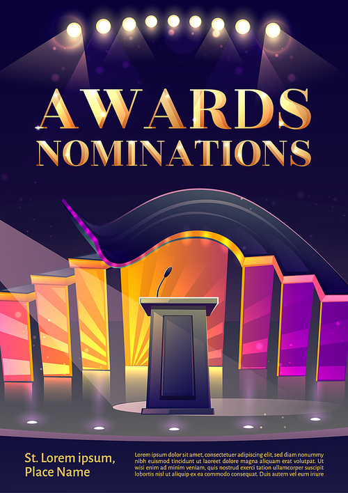 Award nominations cartoon poster, conference hall, stage for presentation, empty scene interior with tribune, microphone, glowing spotlights. Announcement of ceremony event Cartoon vector illustration