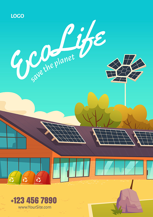 Eco life poster with modern house with solar panels and trash bins for recycle. Vector flyer with cartoon landscape with eco friendly home. Concept of renewable power and zero waste