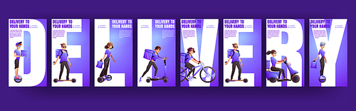 Delivery to your hands cartoon advertising banners with couriers wear uniform, holding boxes or bags riding electric transport. Shipping service promo ads design, Vector flyers with company contacts