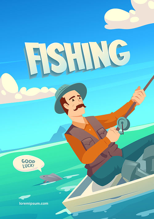 Fishing cartoon banner with character in boat with spinning catching haul on lake, pond, river or sea at summer time. Man in hat and vest holding rod, fish wishing good luck to him Vector illustration