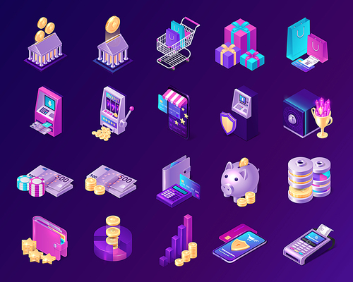 Isometric finance icons with money, bank, cards and atm. Vector set of economic signs of credit, payment, currency and investment. Coins with dollar and euro symbols, casino, gift and smartphone app