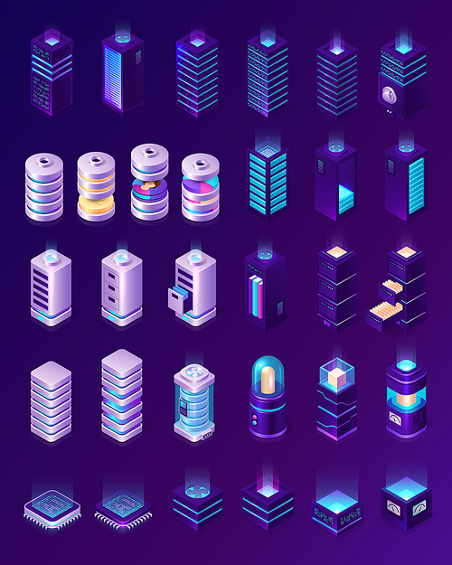 Isometric data center, server room equipment, hardware racks or web hosting infrastructure icons isolated on ultraviolet background, database storage technology, cloud computing services 3d vector set