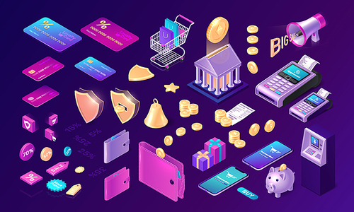 Money transfer icons big set, isometric concept vector illustration. Golden shield and coins, credit bank and loyalty cards, wallet, ATM, payment terminal, shopping cart isolated on purple background