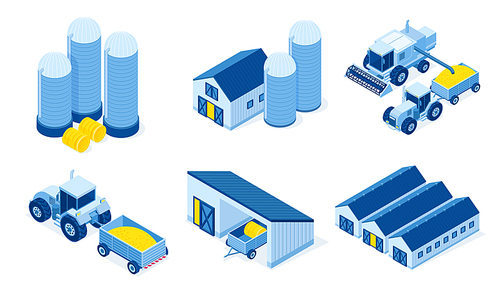 Isometric storehouse, granary and tractor machinery. Warehouse buildings for grain and hay harvest storage, industrial hangars and agricultural vehicles for farming works, 3d vector illustration set