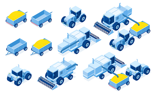 Isometric tractor machinery for grain and hay harvest, industrial and agricultural vehicles for farming works, 3d vector illustration set