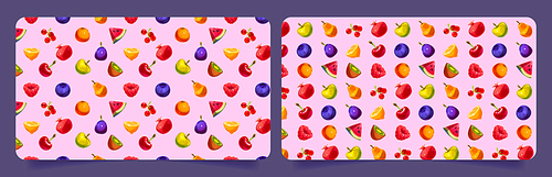 Summer banners template with pattern of fruit and berries. Abstract poster backgrounds with healthy fresh organic food, apple, lemon, cherry, raspberry and watermelon slices, vector illustration