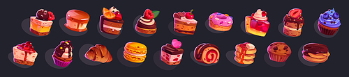 Game icons cakes, sweets and desserts. Cartoon 2d ui graphic elements, pastry, cupcakes, macaroons, ratafia and pancakes with topping, chocloate, berries, fruits and sprinkles isolated vector set