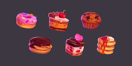 Game icons cakes, sweets and desserts. Cartoon 2d ui graphic elements, pastry, cupcakes, donut, ratafia and pancakes with topping, chocloate, berries, fruits and sprinkles isolated vector set