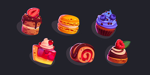 Game icons cakes, sweets and desserts. Cartoon 2d ui graphic elements, pastry, cupcakes, macaroons, roll with topping, chocloate, berries and fruits isolated vector set