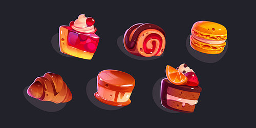 Game icons cakes, sweets and desserts. Cartoon 2d ui graphic elements, pastry, macaroons, roll and croissant, panna cotta with caramel topping, chocloate, berries and fruits isolated vector set