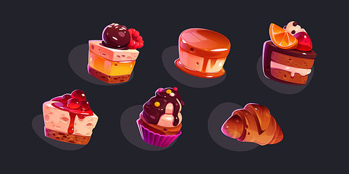 Sweet desserts, cakes, cupcake and croissant isolated on background. Vector cartoon game icons set of cute baked food with chocolate and jelly glaze, fruits, whipped cream and candies