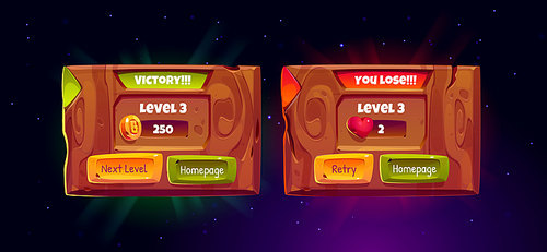 Game wooden boards with level score, victory and lose banners. Vector cartoon set of gui design elements, game screens of level win and fail with achievements and button