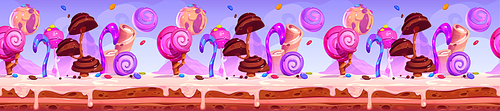 Candy planet cartoon game platform, seamless background. Arcade ui location with sweets, desserts, chocolate and lollipops. Horizontal landscape for computer game, fairy tale scene Vector illustration