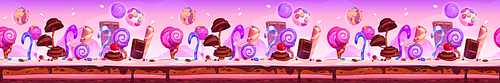 Candy planet cartoon game platform, seamless background. Arcade ui location with sweets, desserts, chocolate and lollipops. Horizontal landscape for computer game, fairy tale scene Vector illustration