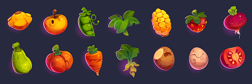 Vegetables and fruit icons. Game items of strawberry, carrot, potato, tomato, apple and egg. Vector cartoon set of farm food symbols, pumpkin, corn, ginger, spinach and peas isolated on background