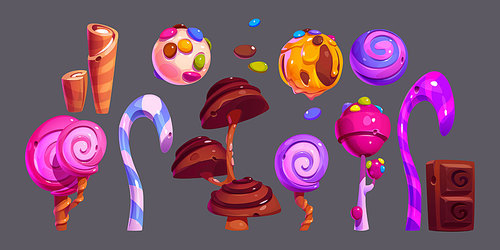 Fantasy sweets, candies, chocolate and waffle tubes for game ui design. Vector cartoon set of fantastic trees with cake pops, caramel and candy canes isolated on background