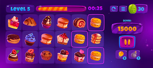 Match 3 game interface with cute cakes icons, buttons and assets. Vector cartoon illustration of mobile game match three with sweets and desserts signs, progress bar, score and clock