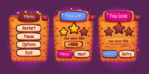 Cookie game interface cartoon set. Vector illustration of ui elements, menu, player level score, win, lose banners and options buttons. Creative collection of mobile and computer app window design