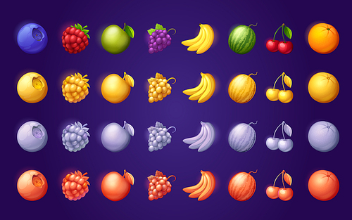 Color set of fruit icons for online casino app interface. Cartoon blueberry, ruspberry, apple, grape, banana, watermelon, cherry, orange illustration for slot machine game screen on background