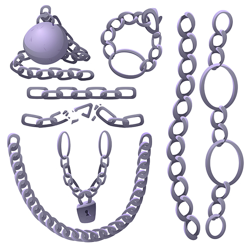 Metal chains with whole and broken links made of silver, chrome or steel, bob and padlock, connected stainless rings. Heavy decorative elements isolated on white  Cartoon vector illustration