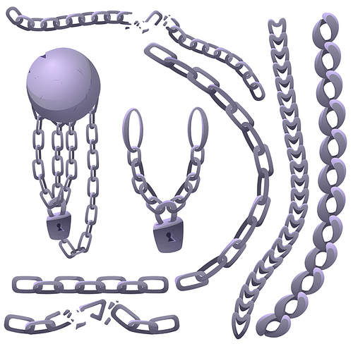 Iron chains, shackles with heavy ball and padlock. Concept of prison, slavery and jail break. Vector cartoon set of handcuff, fetters, broken chains and locks isolated on white