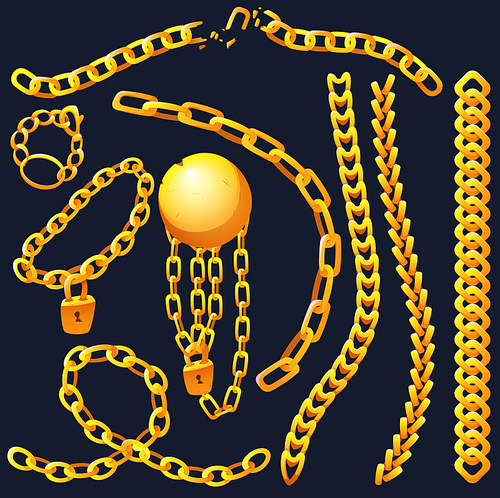 Golden chains with whole and broken links, gold bob and padlock, connected yellow metal rings. Heavy decorative or jewelry elements, bracelets isolated on black background Cartoon vector illustration