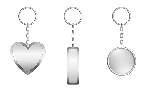 Keychains set. Metal round, rectangular and heart shape keyring holders isolated on white . Silver colored accessories or souvenir pendants mock up. Realistic 3d vector illustration, icon