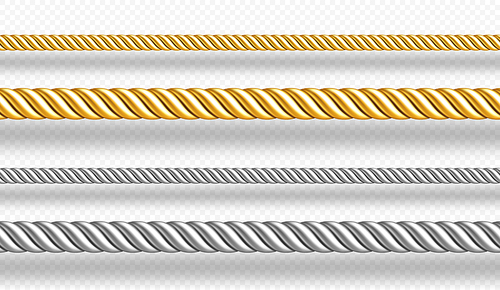 Gold and silver ropes, twisted twines isolated on white . Vector realistic set of 3d golden and metal satin cords. Decoration borders of straight silk strings