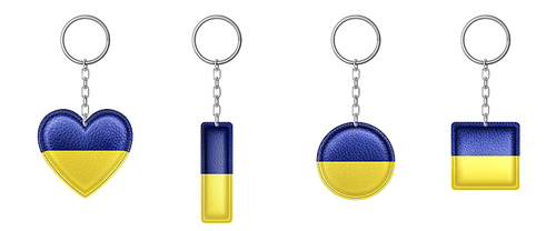 Keychains with Ukrainian flag colors. Metal round, square, heart and rectangular keyring holders. Blue yellow colored isolated accessories, Ukraine souvenir pendants mock up, Realistic 3d vector set