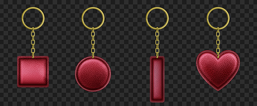 Red leather keychains realistic vector set. Luxury trinkets of square, rectangular, round, heart shape with golden metal chain and ring isolated on transparent background. Precious gift mockup