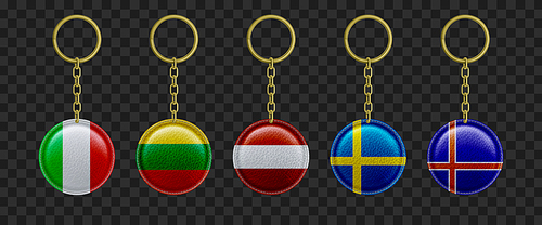 Leather keychain with European countries flags. Vector realistic set of 3d circle trinket with metal chain, ring and print of Austria, Sweden, Lithuania, Italy, Iceland flags