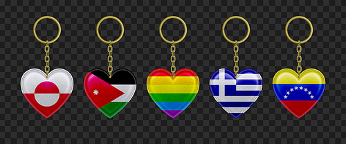Leather keychains in heart shape with countries flags and rainbow. Vector realistic set of 3d trinkets with print of Greece, Greenland, Jordan, Venezuela and gay pride flags