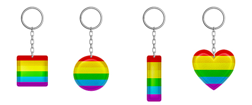Rainbow keychains, keyring holders with lgbt flag symbolic isolated on white . Metal heart, round, square and rectangular gift accessories or souvenir pendants mockup Realistic 3d vector set