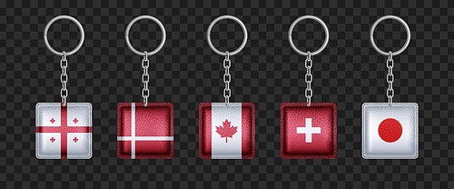 Keychains with Georgia, Denmark, Canada, Switzerland and Japan flags. Metal square keyring holders with country symbolic, isolated accessories or souvenir pendants mock up, Realistic 3d vector set