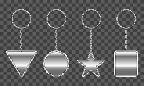 Silver keychain, holder trinket for key with metal chain and ring. Vector realistic template of steel fobs different shapes isolated on transparent . Blank accessory for corporate identity