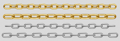 Metal chain of silver, chrome, steel or golden links. Border with connected stainless rings. Straight heavy grey, yellow decorative elements isolated on transparent background realistic 3d vector set