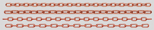 Copper chains isolated on transparent background. Vector realistic set of straight heavy metal chains with different size links. Frame or border pattern with connected bronze or brass rings