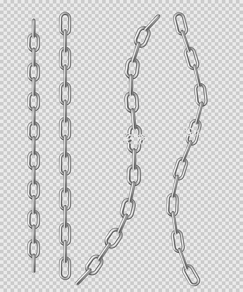 Metal chain with whole and break links made of silver, chrome or steel. Border with connected stainless rings. Realistic 3d vector straight heavy decorative elements isolated on transparent background
