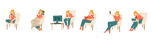 Woman sitting on chair isolated set. Young girl in comfortable armchair relax, drink coffee, watch tv, sleep and reading book, make selfie, work on laptop, Linear cartoon flat vector illustration, set