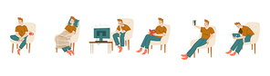Man sitting in chair, watch tv, read book and take selfie on mobile phone. Vector flat illustration of person relax at home, sit in armchair with coffee, tablet, sleep with blanket and pillow