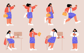 Woman worker poses set. Businesswoman with bag and phone in office. Vector flat illustrations of girl employee busy at workplace, run, greeting and thinking isolated on background