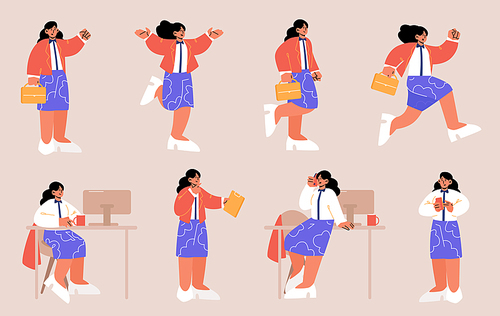Woman worker poses set. Businesswoman with bag and phone in office. Vector flat illustrations of girl employee busy at workplace, run, greeting and thinking isolated on background