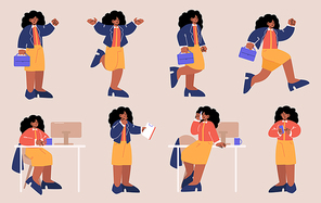 Woman worker poses set. Businesswoman with bag and phone in office. Vector flat illustrations of black skin girl employee busy at workplace, run, greeting and thinking isolated on background