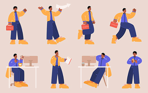 Businessman, office black skin worker poses set. Vector flat illustrations of employee character with briefcase and phone busy at workplace, run, hold arrow and thinking isolated on background