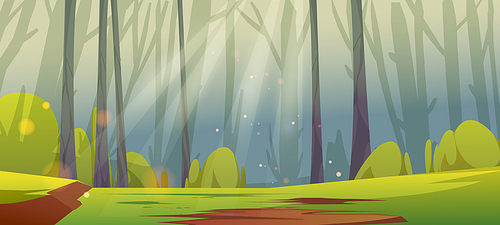 Deep forest with sunny glade, green grass and tree trunks silhouettes. Vector cartoon illustration of summer woods landscape with sunshine beams. Jungle panorama with green lawn